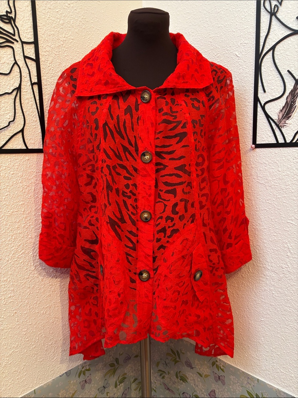 Alli Y vibrant red sheer lace 3/4 sleeve button up high-low jacket. Size M.